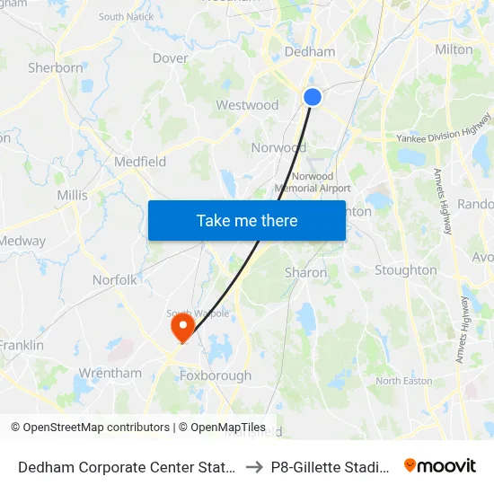 Dedham Corporate Center Station to P8-Gillette Stadium map