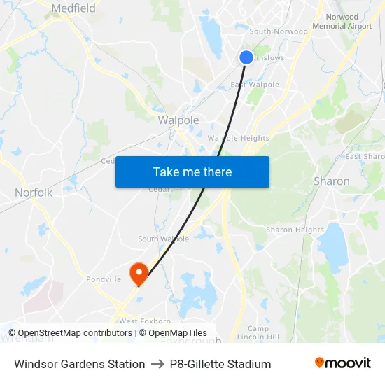 Windsor Gardens Station to P8-Gillette Stadium map