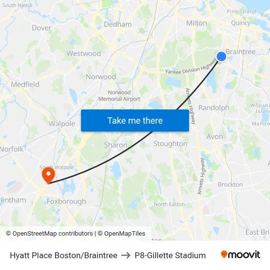 Hyatt Place Boston/Braintree to P8-Gillette Stadium map