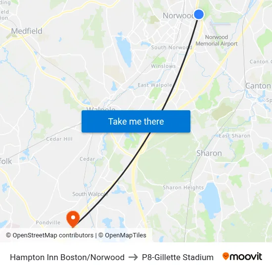 Hampton Inn Boston/Norwood to P8-Gillette Stadium map