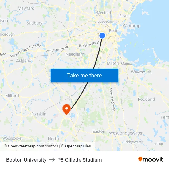 Boston University to P8-Gillette Stadium map