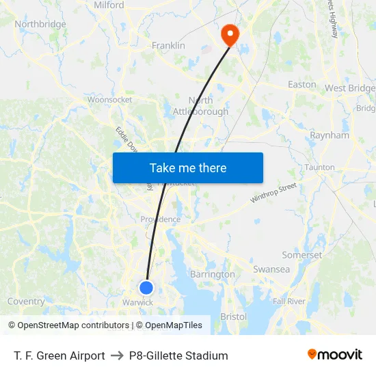 T. F. Green Airport to P8-Gillette Stadium map