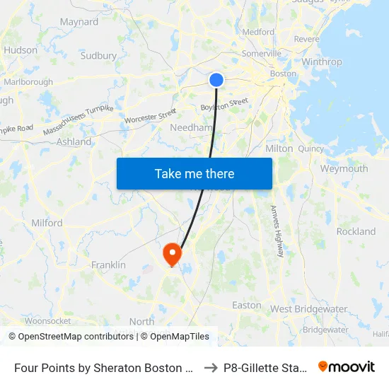 Four Points by Sheraton Boston Newton to P8-Gillette Stadium map