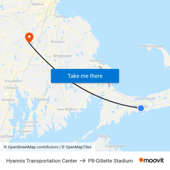Hyannis Transportation Center to P8-Gillette Stadium map