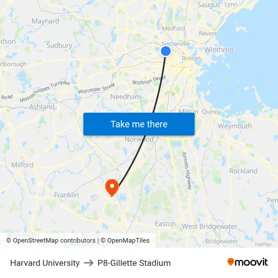 Harvard University to P8-Gillette Stadium map