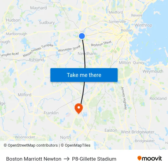 Boston Marriott Newton to P8-Gillette Stadium map