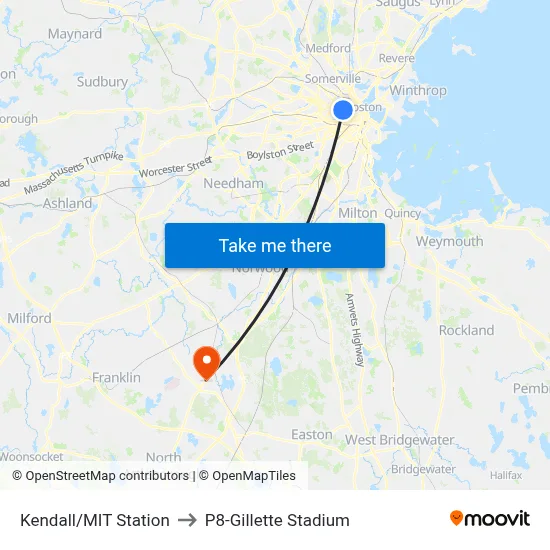 Kendall/MIT Station to P8-Gillette Stadium map