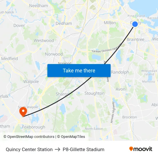 Quincy Center Station to P8-Gillette Stadium map