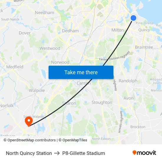 North Quincy Station to P8-Gillette Stadium map
