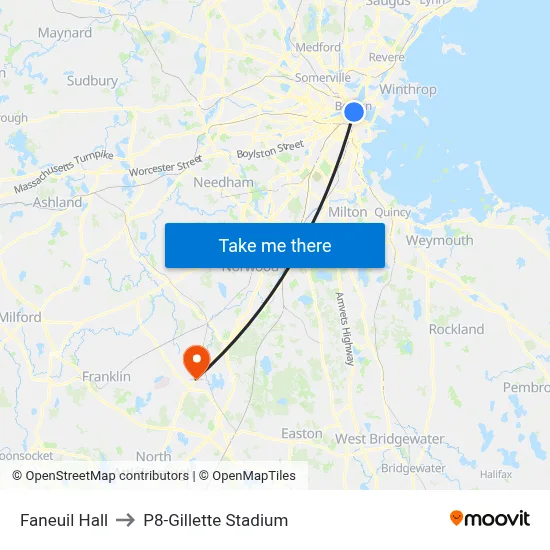 Faneuil Hall to P8-Gillette Stadium map