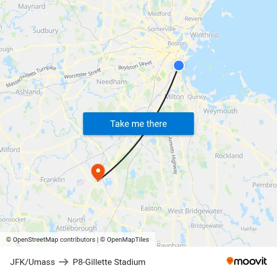 JFK/Umass to P8-Gillette Stadium map