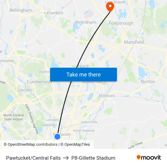 Pawtucket/Central Falls to P8-Gillette Stadium map