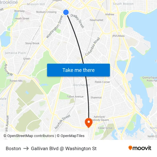 Boston to Gallivan Blvd @ Washington St map