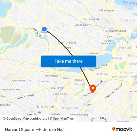 Harvard Square to Jordan Hall map