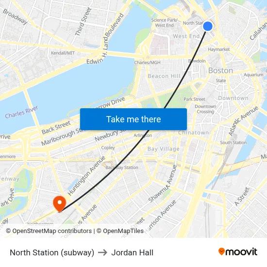 North Station (subway) to Jordan Hall map