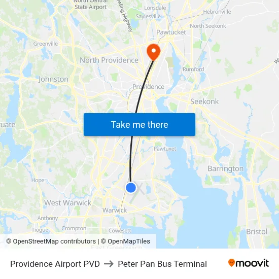 Providence Airport PVD to Peter Pan Bus Terminal map