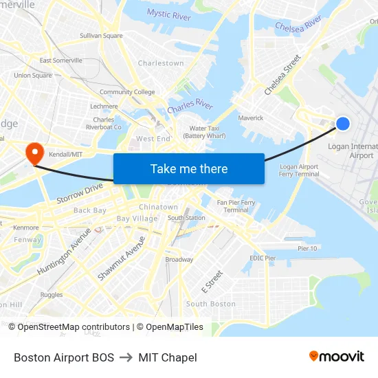 Boston Airport BOS to MIT Chapel map