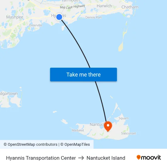Hyannis Transportation Center to Nantucket Island map