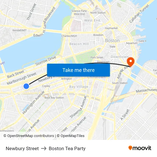 Newbury Street to Boston Tea Party map