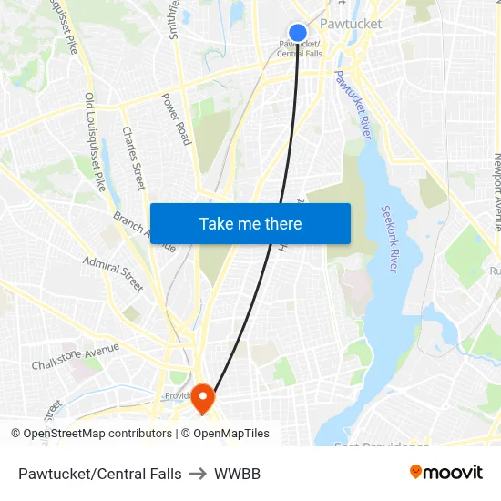 Pawtucket/Central Falls to WWBB map