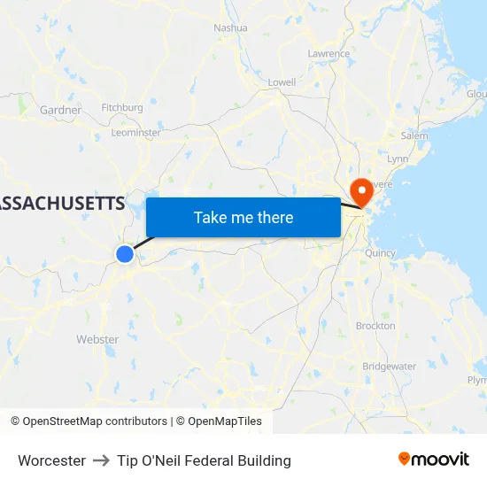 Worcester to Tip O'Neil Federal Building map