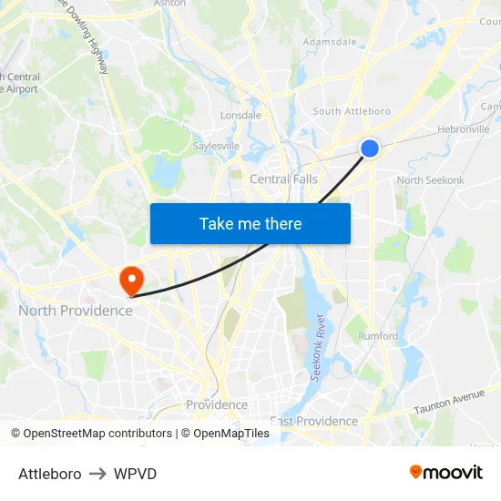 Attleboro to WPVD map