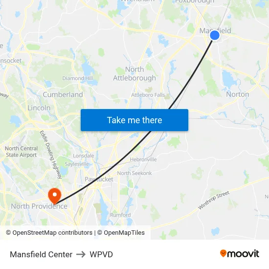 Mansfield Center to WPVD map