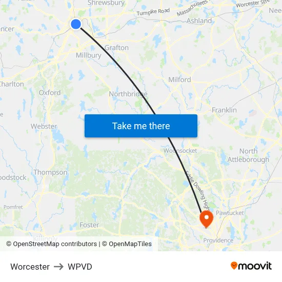 Worcester to WPVD map