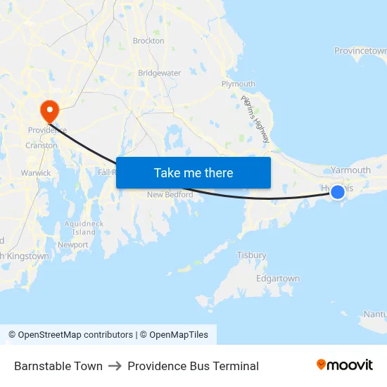Barnstable Town to Providence Bus Terminal map