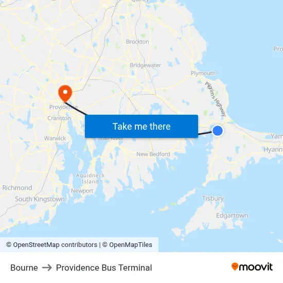 Bourne to Providence Bus Terminal map