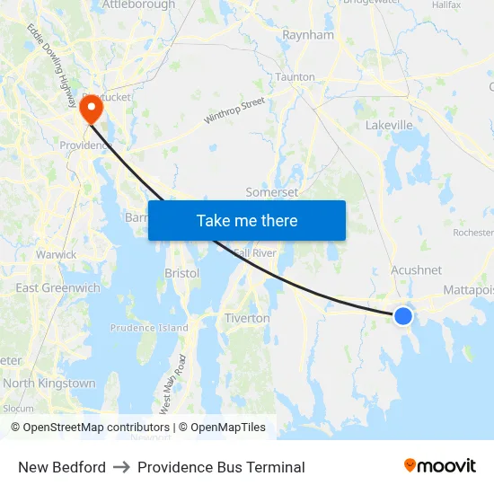 New Bedford to Providence Bus Terminal map