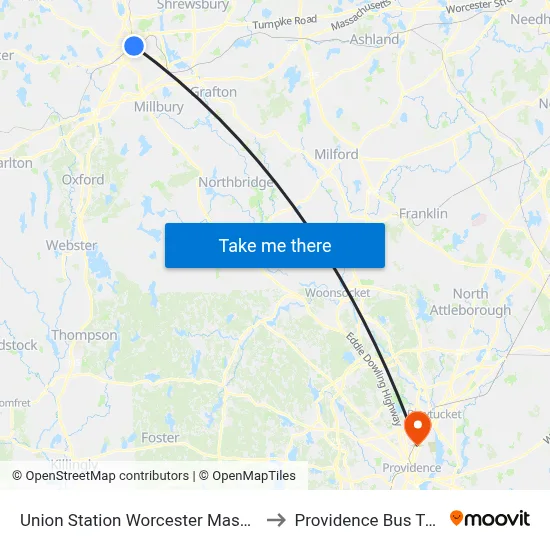 Union Station Worcester Massachusetts to Providence Bus Terminal map