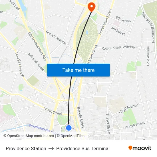 Providence Station to Providence Bus Terminal map