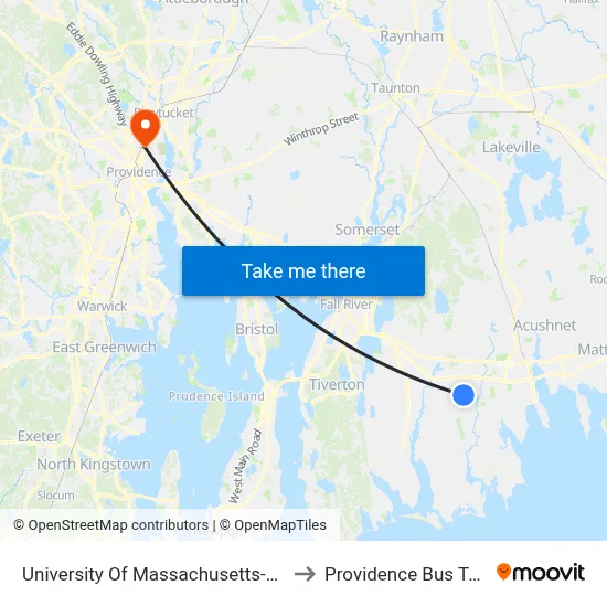University Of Massachusetts-Dartmouth to Providence Bus Terminal map