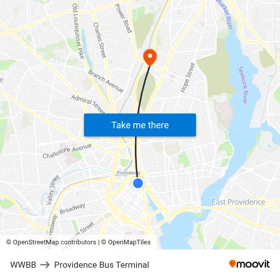 WWBB to Providence Bus Terminal map