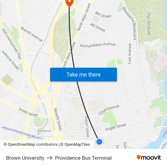 Brown University to Providence Bus Terminal map
