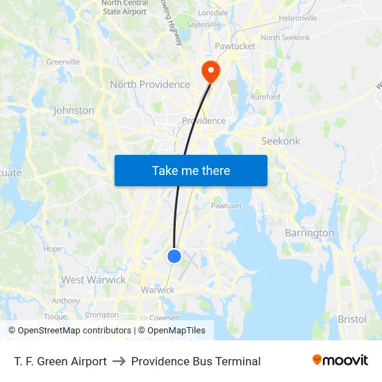 Tf Green Airport to Providence Bus Terminal map