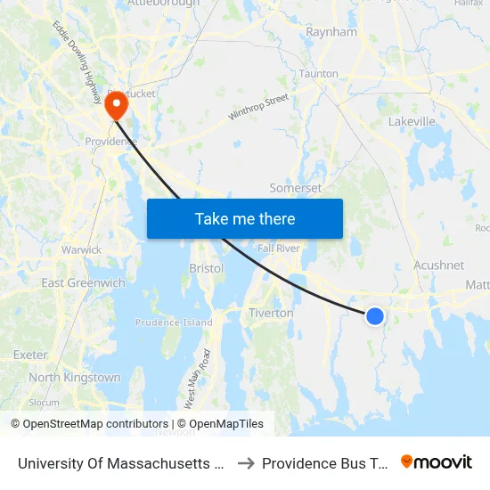 University Of Massachusetts Dartmouth to Providence Bus Terminal map