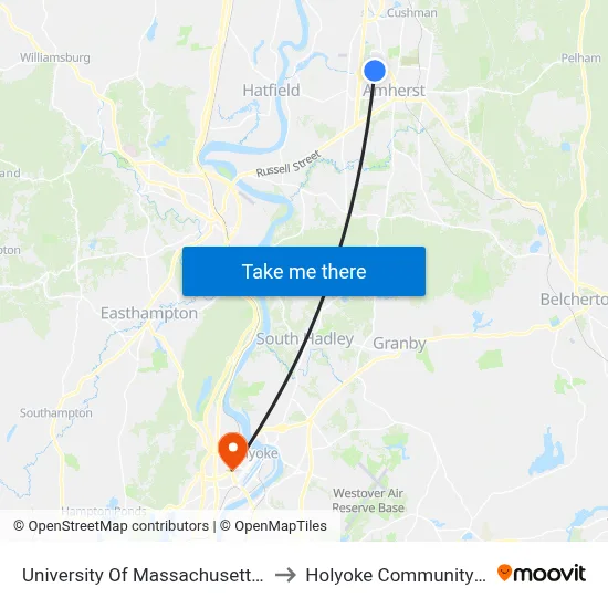 University Of Massachusetts Amherst to Holyoke Community College map