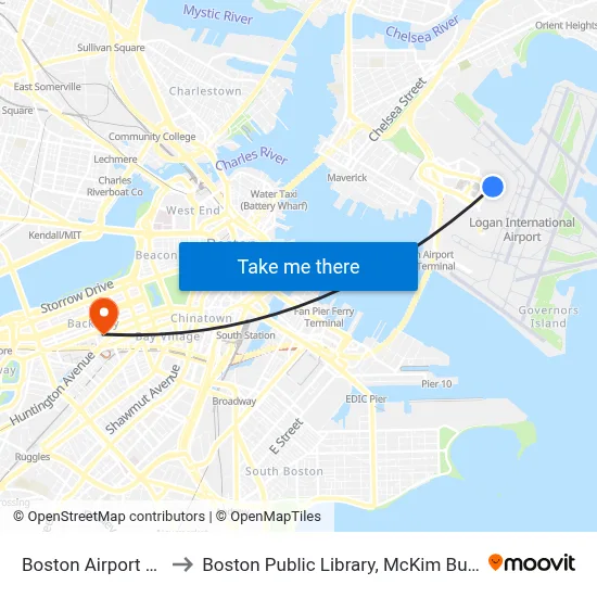 Boston Airport BOS to Boston Public Library, McKim Building map