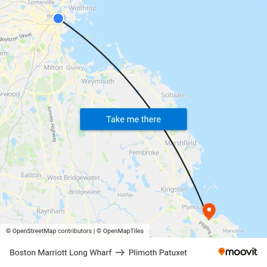 Boston Marriott Long Wharf to Plimoth Patuxet map
