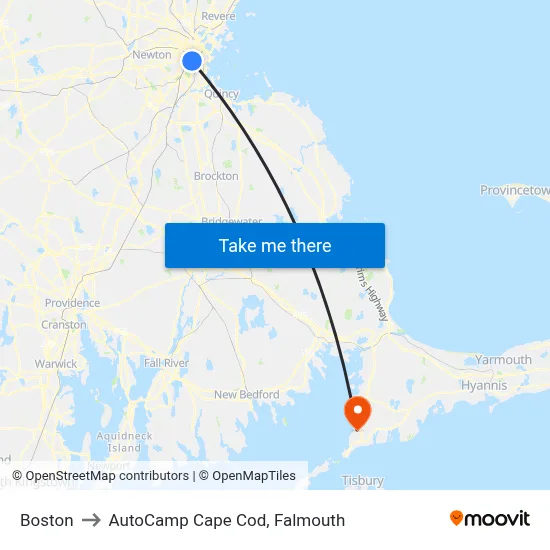 Boston to AutoCamp Cape Cod, Falmouth map