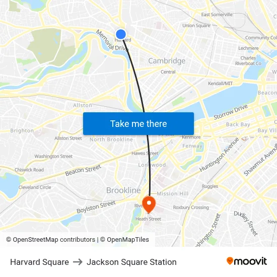 Harvard Square to Jackson Square Station map