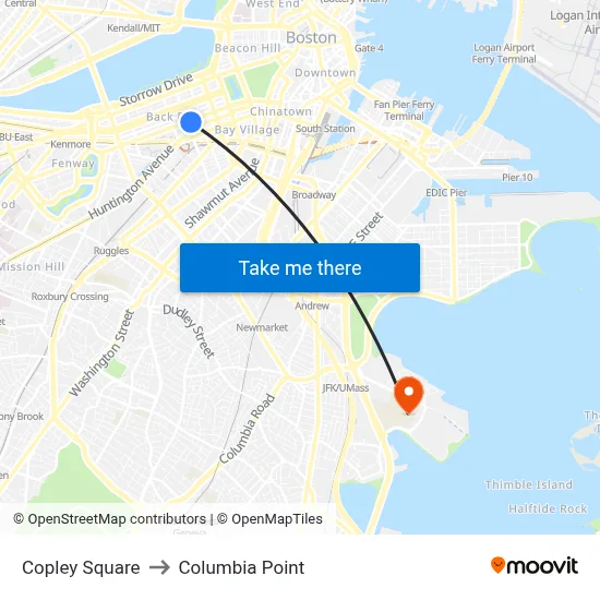 Copley Square to Columbia Point map