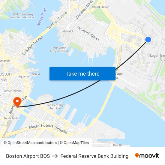 Boston Airport BOS to Federal Reserve Bank Building map