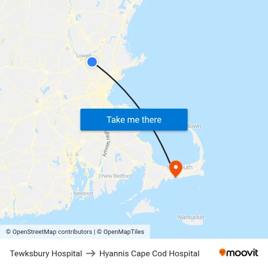 Tewksbury Hospital to Hyannis Cape Cod Hospital map