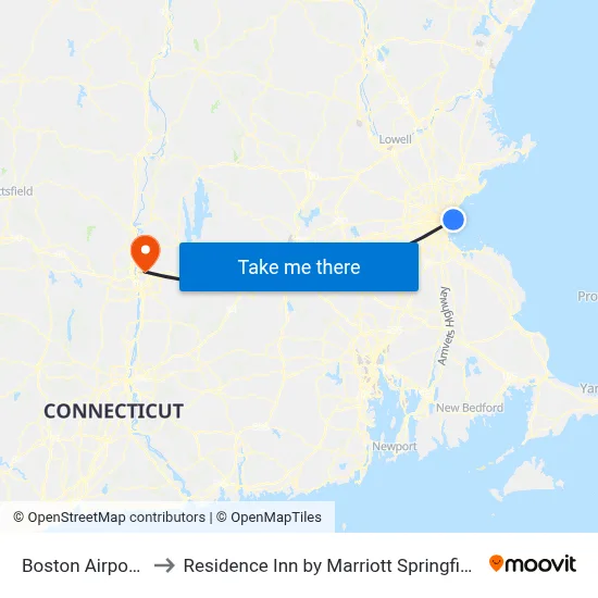 Boston Airport BOS to Residence Inn by Marriott Springfield Chicopee map