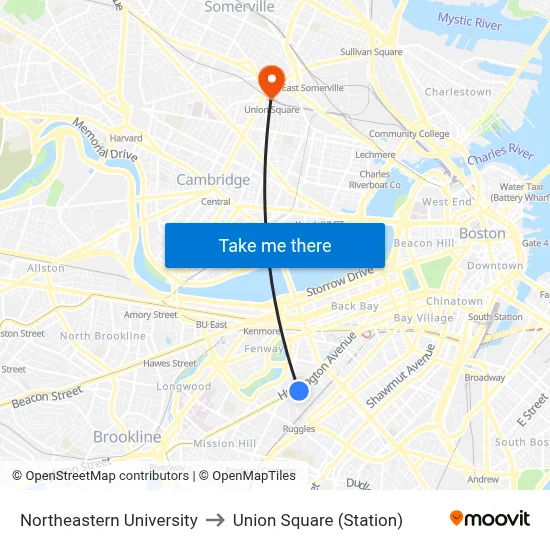 Northeastern University to Union Square (Station) map