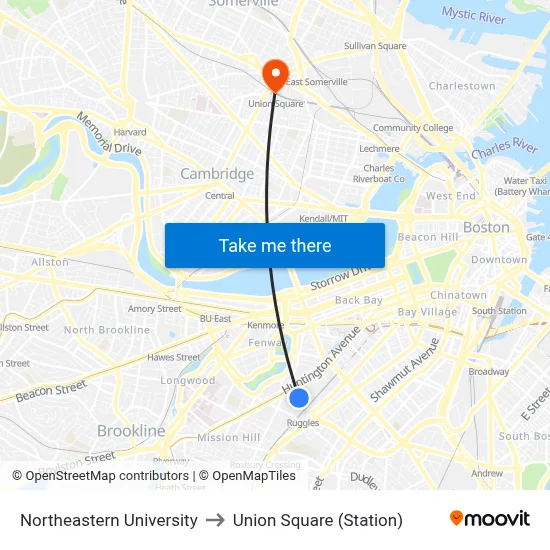 Northeastern University to Union Square (Station) map