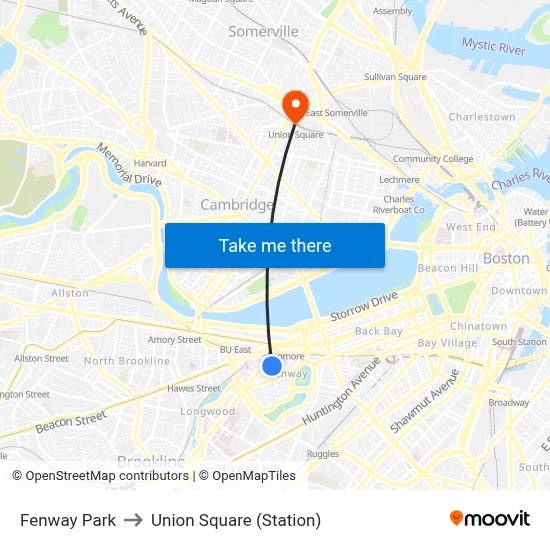 Fenway Park to Union Square (Station) map